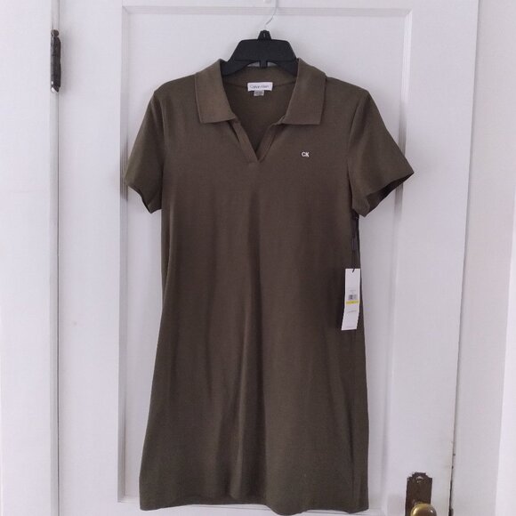 Olive green Calvin Klein collared tshirt dress, size Medium, new with tags - Picture 1 of 7